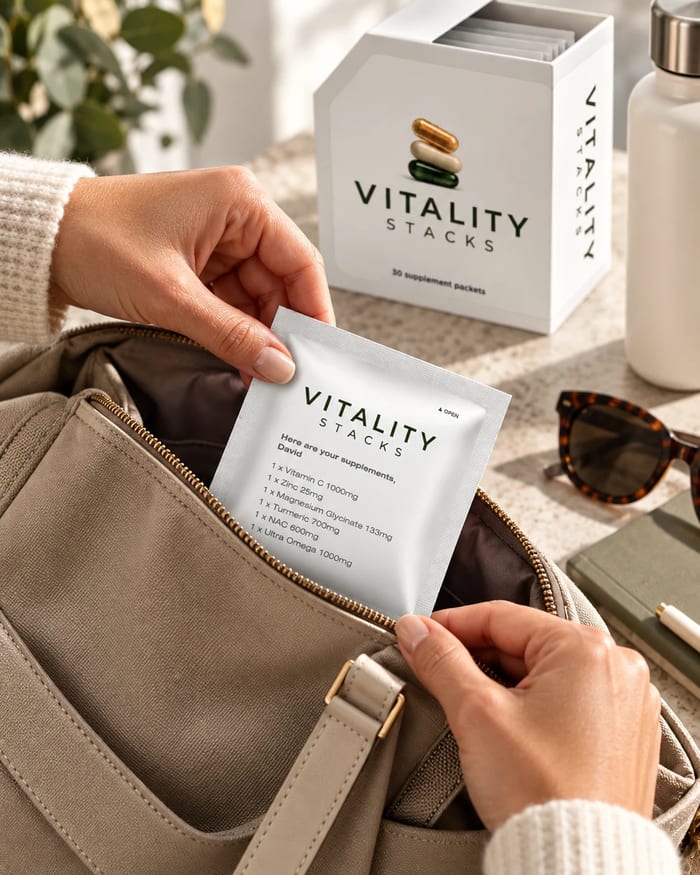 A daily sachet being slipped into the pocket of a bag
