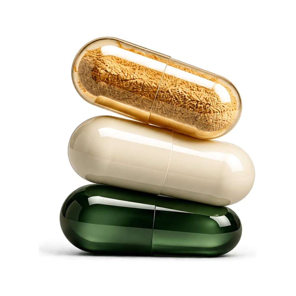 Three capsules stacked: a clear capsule filled with powder, a cream capsule and a dark green capsule