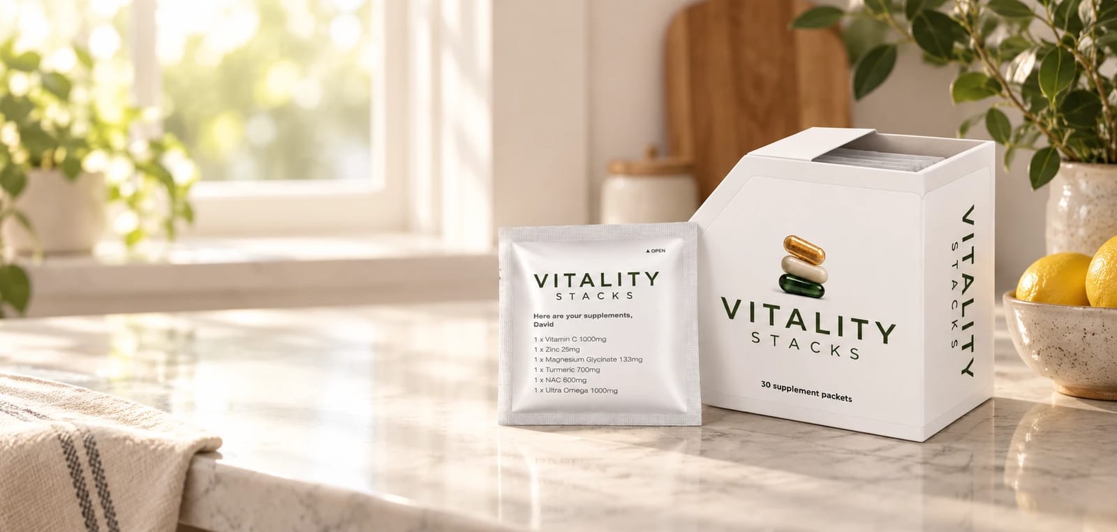 The daily pack box and one sachet on a sunlit kitchen counter