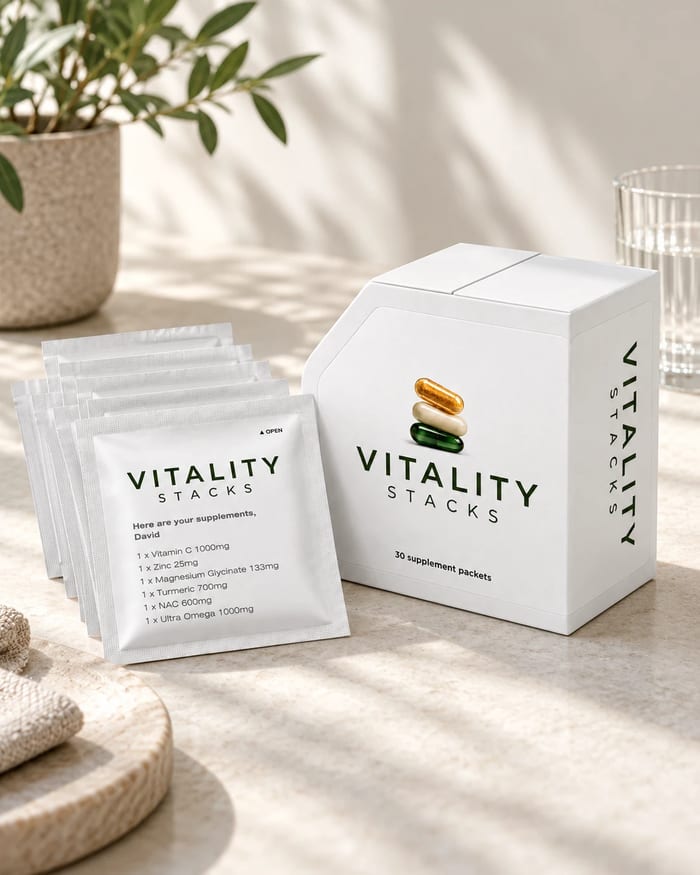 The box beside a fanned row of daily sachets on a stone counter