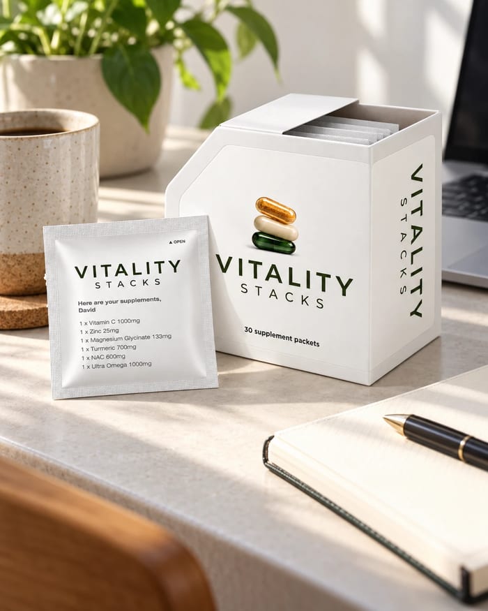 The box and a sachet on a desk beside a notebook and a coffee cup