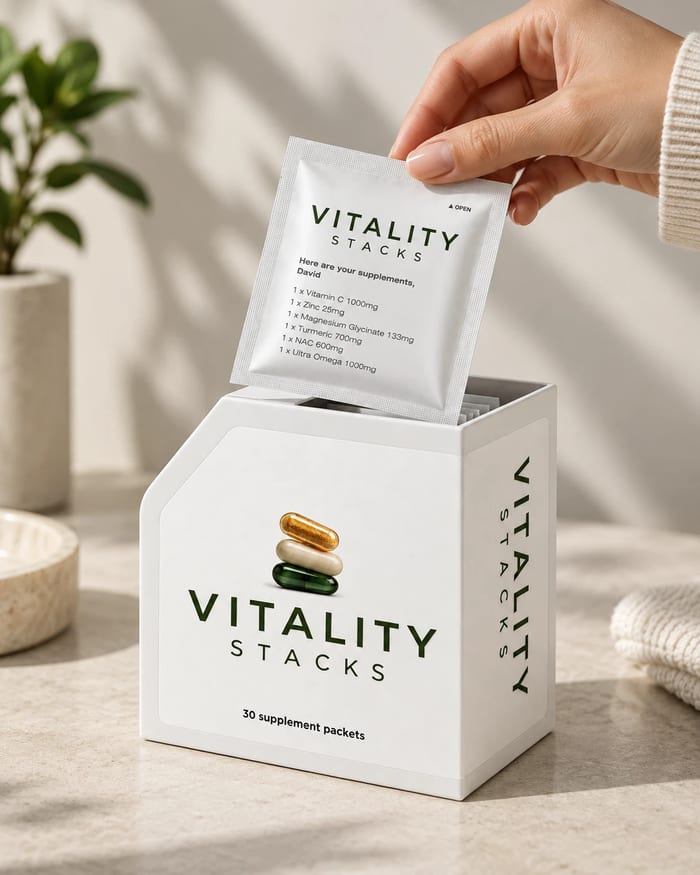 A hand lifting a daily sachet out of the open box