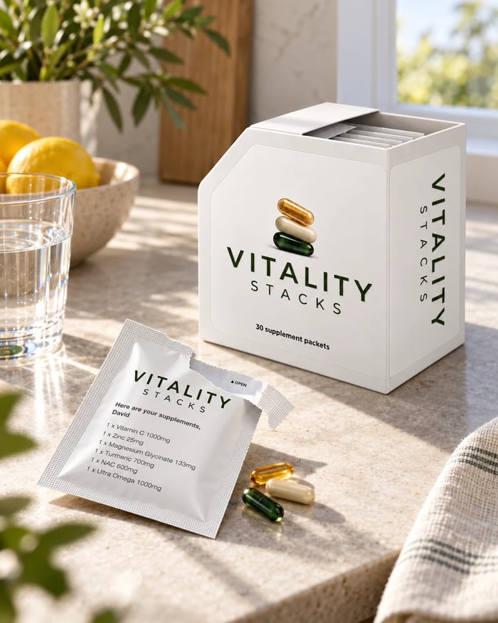 A torn-open sachet and loose capsules beside the box on a sunlit counter