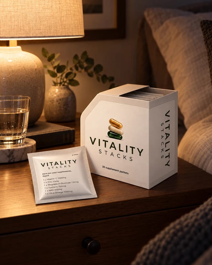 The box and a sachet on a bedside table under a lamp in the evening